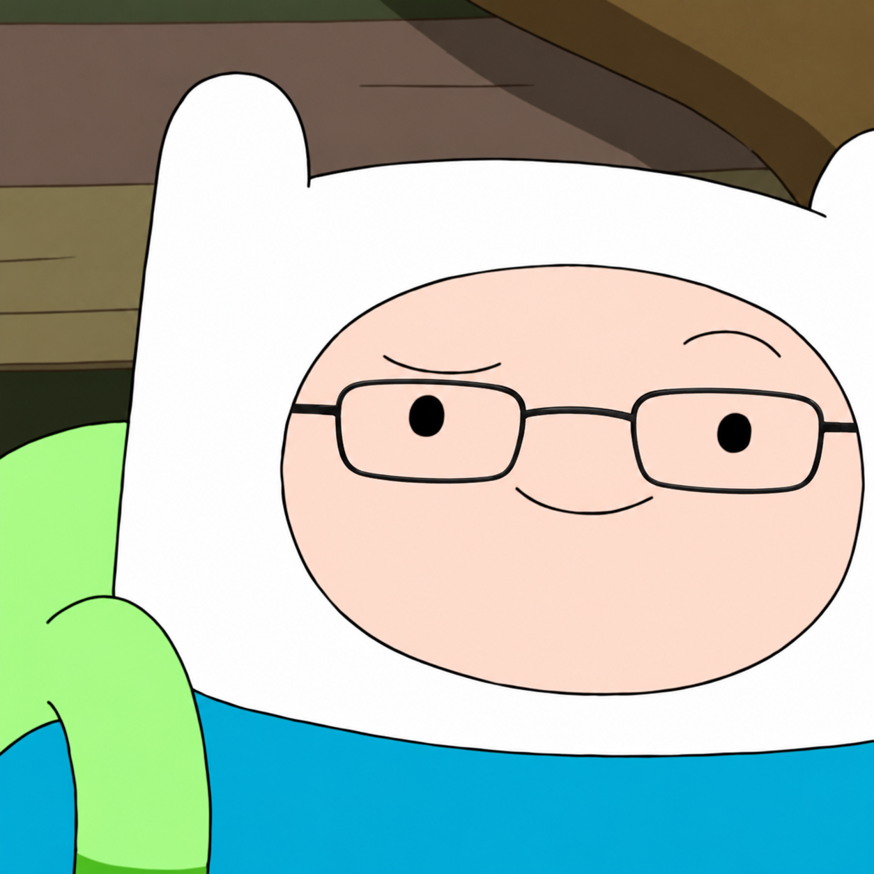 Cartoon avatar of a smiling character in a white hood and black glasses